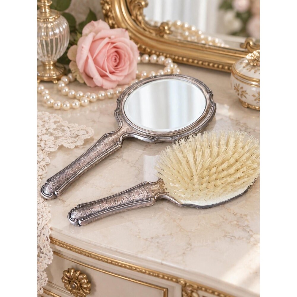 1950s Vintage Ornate Silver Tone Vanity Set Hand Mirror & Hair Brush